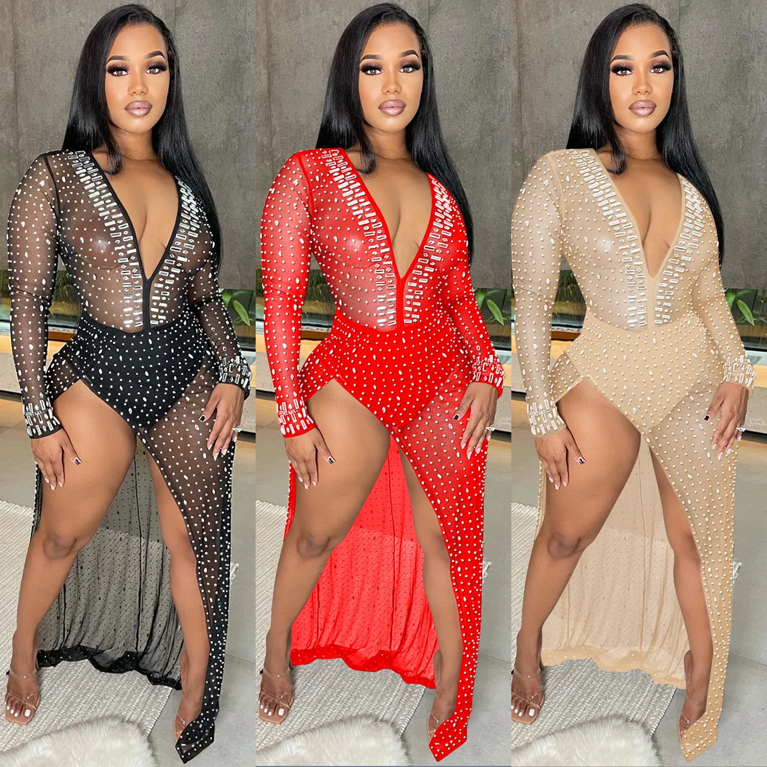 

2022 Spring and Summer Women's Night Club Hot Drill Deep V Long Sleeve Split Long Dress