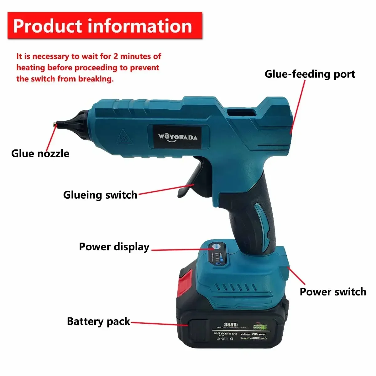 WOYOFADA Electric Hot Melt Glue Gun for Makita 18V Battery Cordless Electric Glue Grab 11mm Glue Stick Hot Melt Welding Air Gun 6