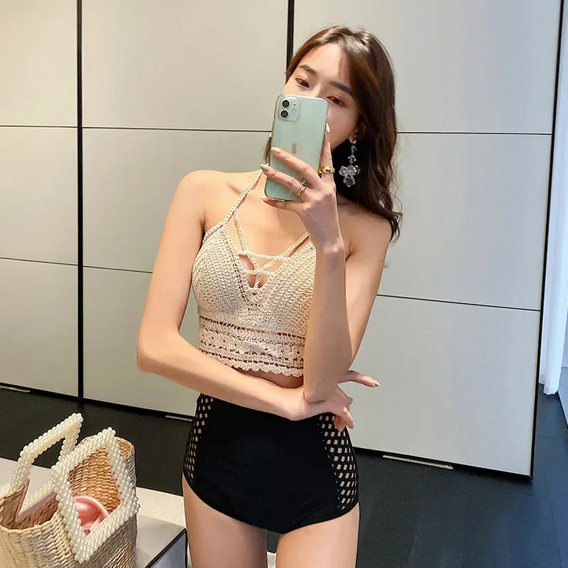 

2023 New Design Korean Sexy Backless Shirt Plus Pant Grid Triangular Body Cover Belly Slimming Resort Hot Spring Swimsuit Women