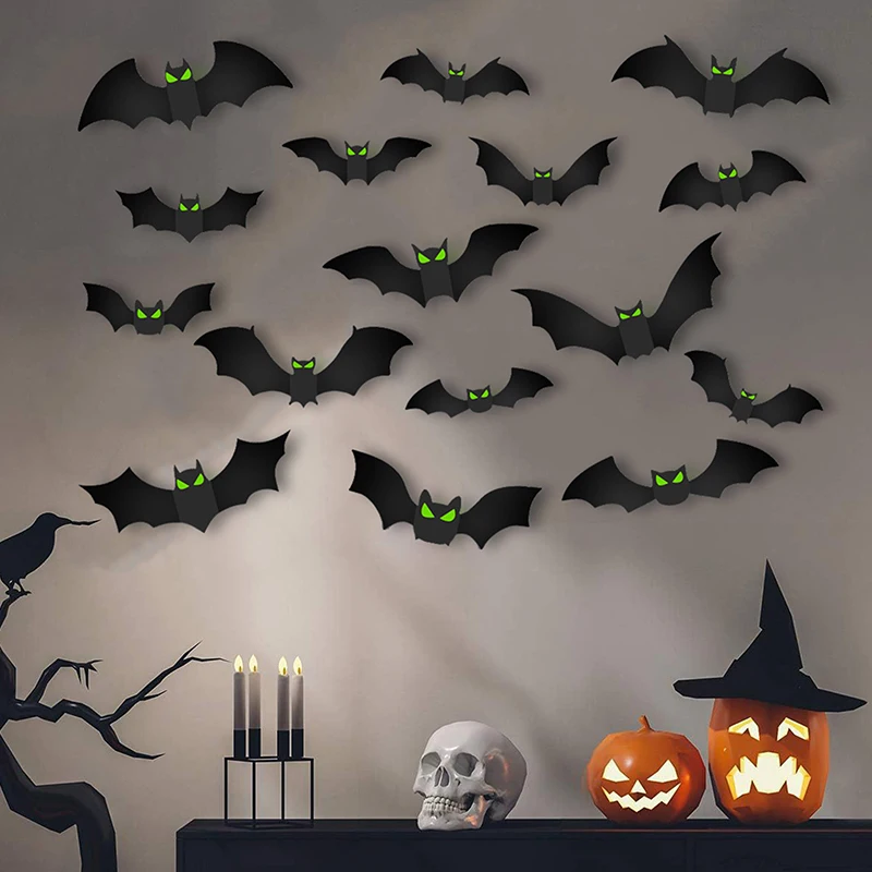 96pcs Bat Stickers 3D Halloween Bat Decorations Glow Eyes Bats 96 Pieces Scary Bats Wall Decoration For Bathroom Kitchen Home