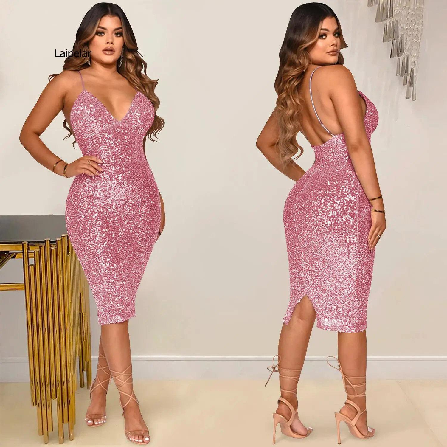 

Glitter Pink Sequins Overlay Bodycon Midi Dress Summer Women Glam Backless Sequins Party Dress Robes Birthday Outfits