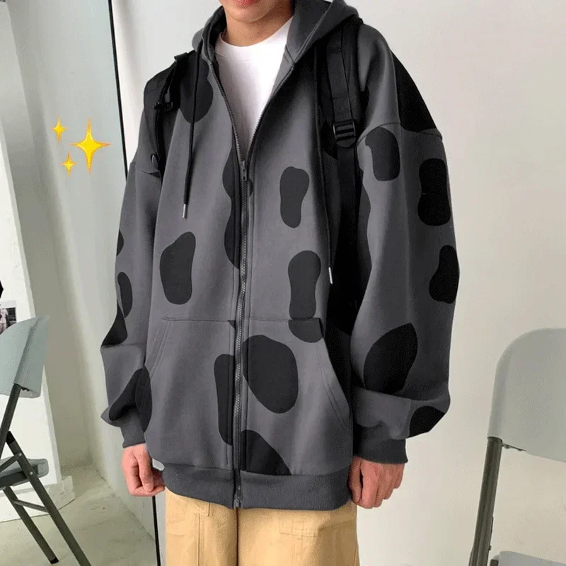 New Autumn and Winter Women's Cow Print Print Color Block Zipper Hooded Cardigan Jacket Thick Warm Loose Casual Harajuku Jacket