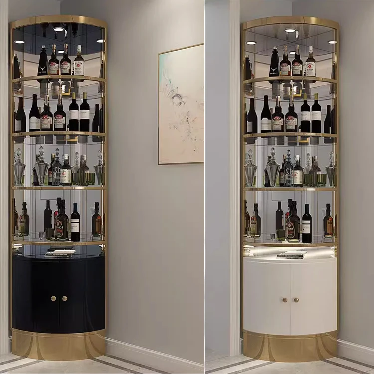 Modern Living Room Stainless Steel Metal Frame Wine Display Cabinet Luxury Double Door Glass Corner Bar Wine Storage Cabinet