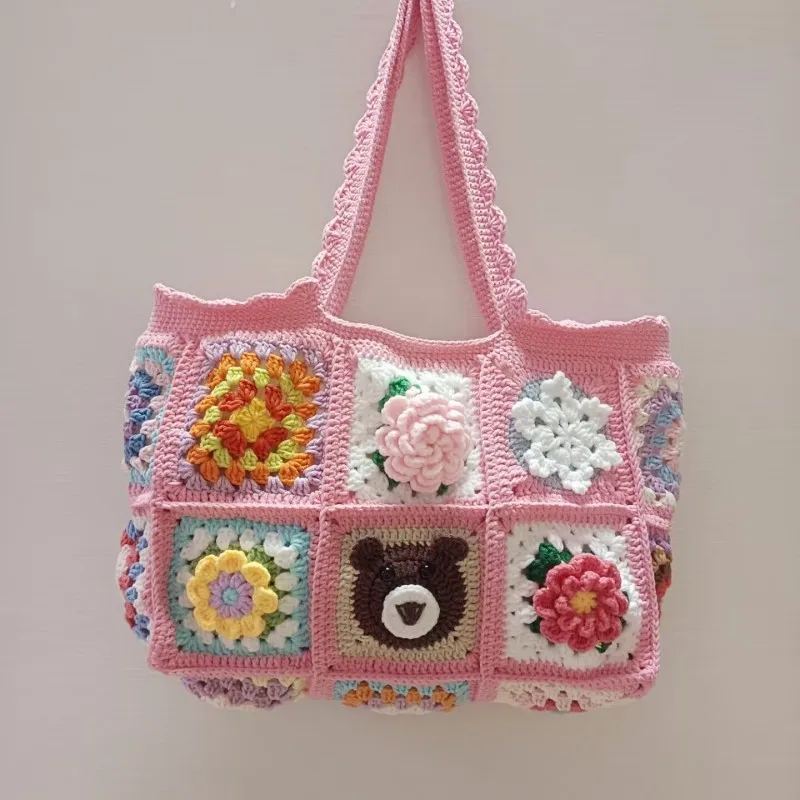 Strawberry Cherry Crochet Granny Square Large Tote Shoulder Bag