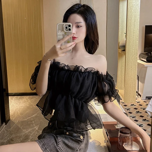 여성용 퍼프 슬리브 블라우스, 얼짱 단색 러플, 슬림핏, 올매치, 한국 스타일, 귀여운 유행, 여름 4