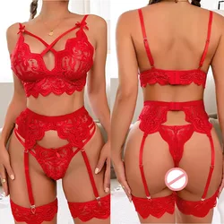 Sexy 3-Piece Lingerie Set Floral lace Underwear Transparent Lace Garters Bra Thongs Short Skin Care Babydoll Kits Woman Intimate