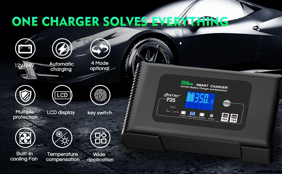 35A 12V-24V Battery Charger LCD Display for ATV Truck Lithium/LiFePO4/Lead-Acid/
