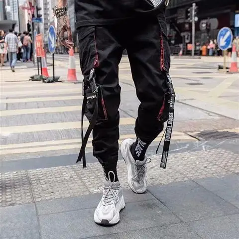 Harajuku Black Hip Hop Men Ribbons Cargo Pants Techwear