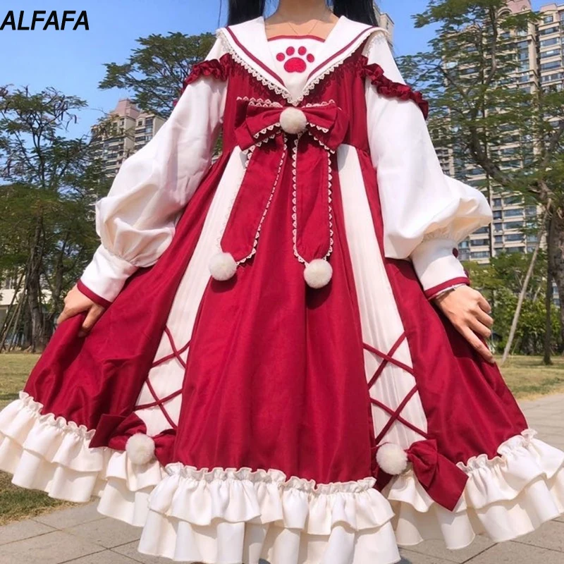 Kawaii vestido feminino lolita bonito estilo universitário miow garra  impressão princesa vestido japonês op rosa arco anime roupas menina festa  presente - AliExpress