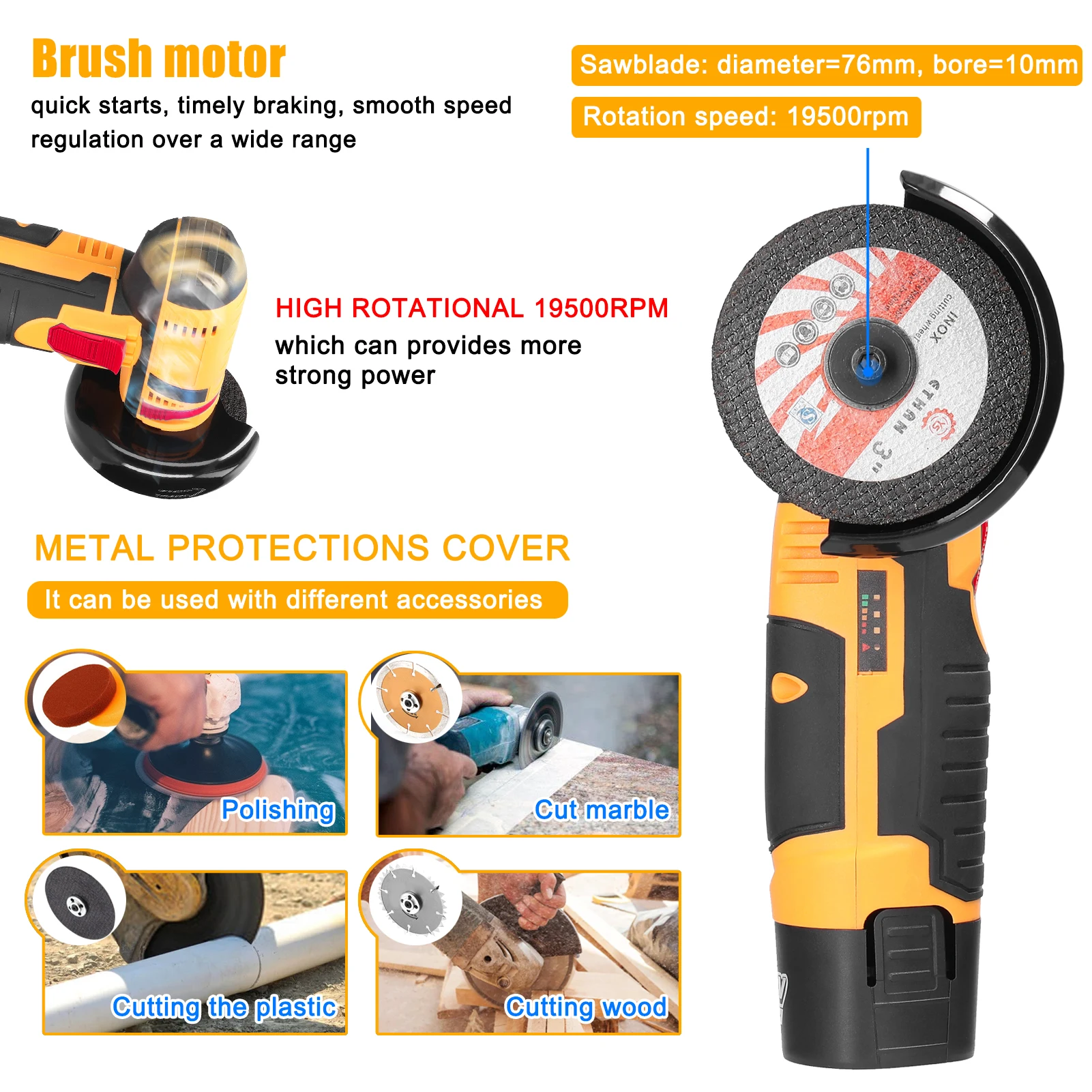 KKMOON 12V Electric Angle Grinder 19500rpm Mini Grinding Cutting Machine For Cutting Polishing Ceramic Tile Wood Stone Steel 4
