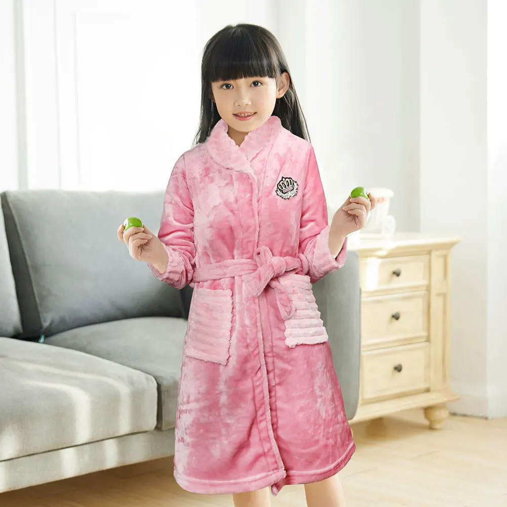 LPATTERN Girls Robe Towel Sleepwear Toddler Kids Towelling Bathrobe Dressing Flannel Long Sleeve Night-robe with Belt Pockets