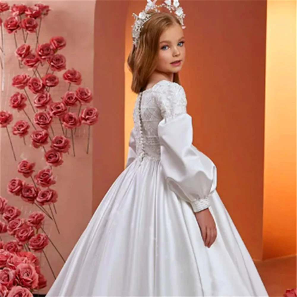 Flower Girl Dress Princess Ball Elegant Long-sleeved Satin White Angel First Communion Dresses Kids Surprise Birthday Present