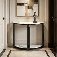 Console d'entrée demi-lune avec étagère ouverte, plateau en marbre blanc, structure en métal noir, table étroite pour entrée 2