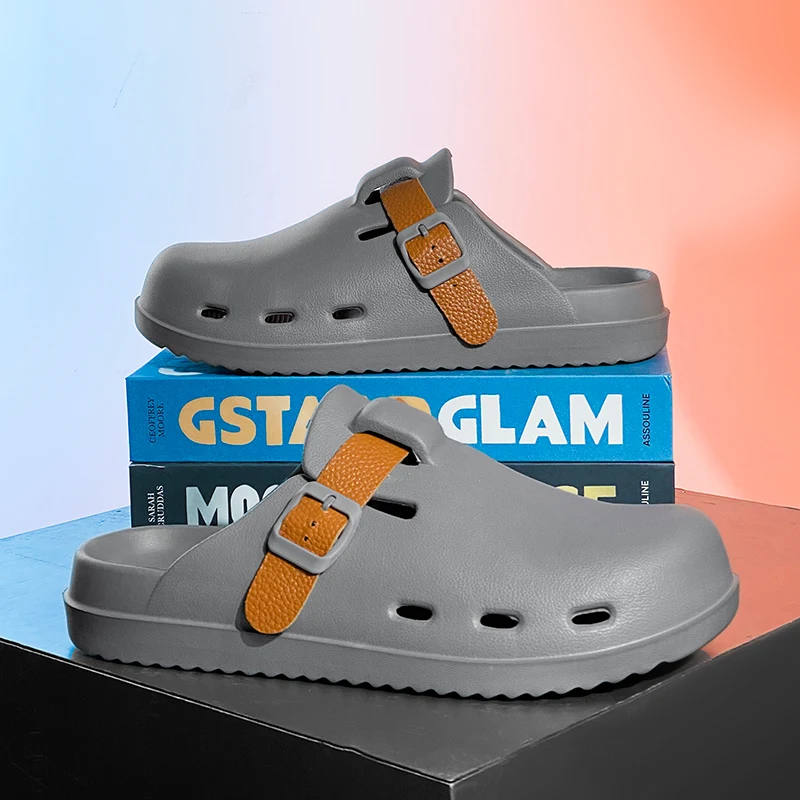 Summer Shoes for Men Lightweight EVA Sandals Solid Color Fashion Slippers for Men Anti-skid Soft Garden Clogs with Buckle Strap