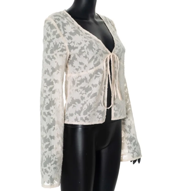 Lace Printed See-Through T-shirt Cardigan Top Female Lace-Up Patchwork Sexy Cropped Y2k Top Tee Women's Bandage Top