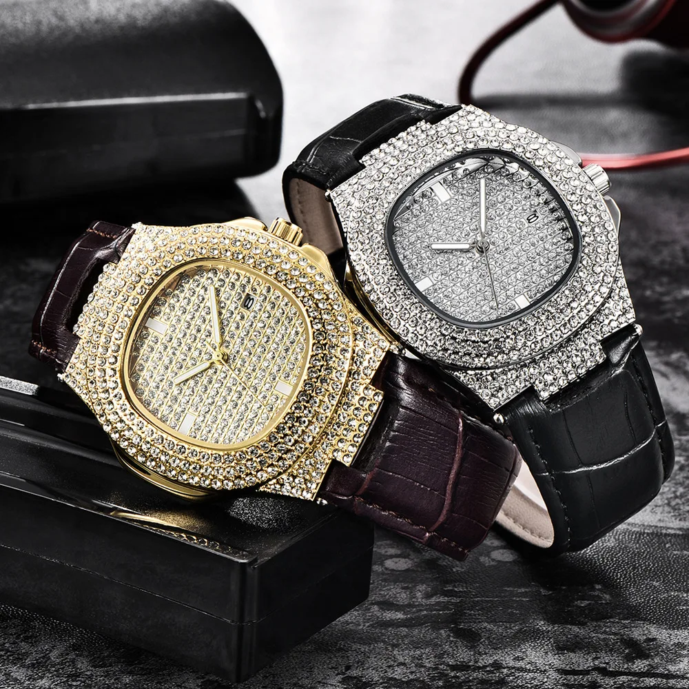 Mens Watch Luxury Iced Out Diamond Watches Fashion Leather Strap Quartz Wristwatches Male Clock Relogio Masculino Drop Shipping 6