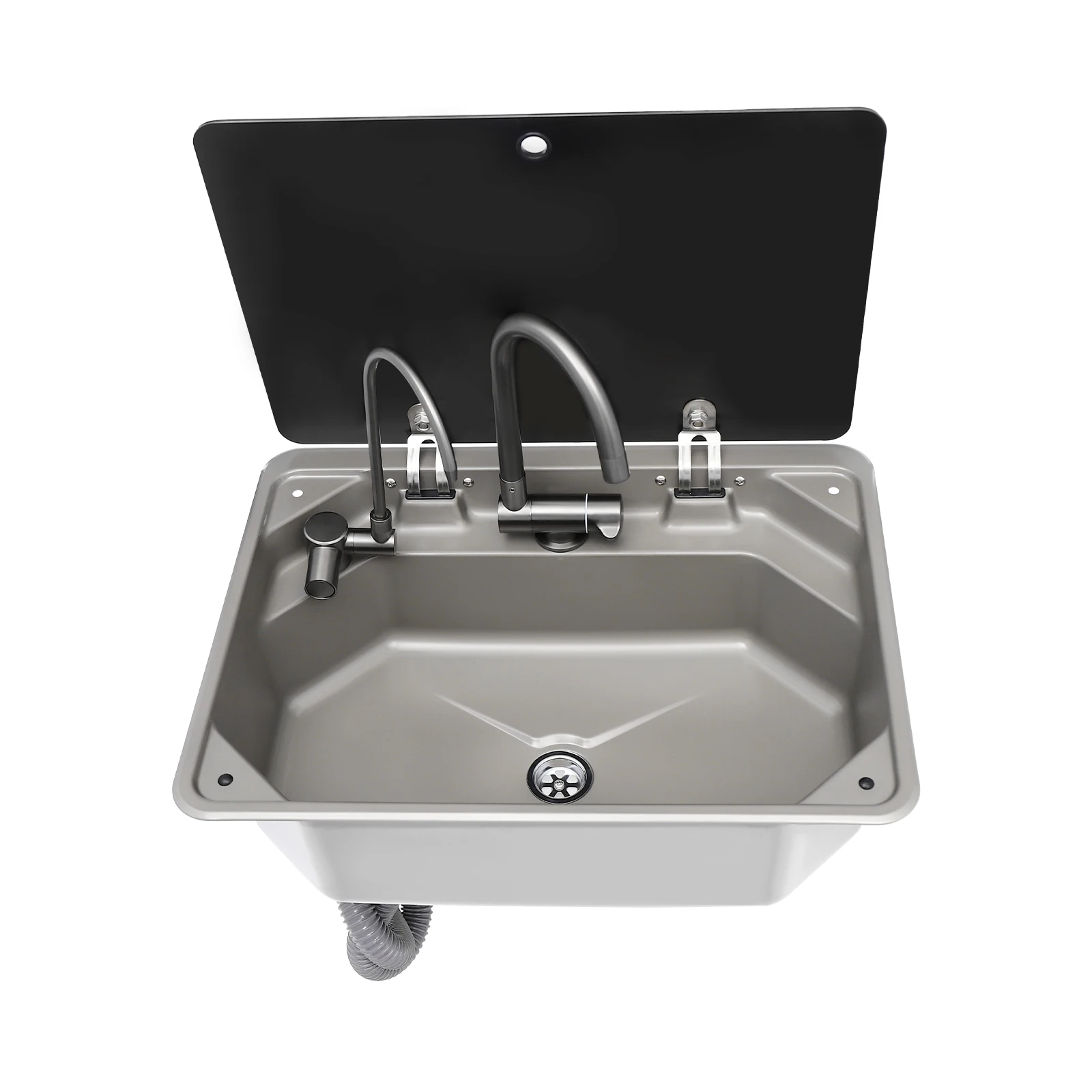 RV kitchen Sink Black Sink with Folded Faucet and Tempered Glass Lid Stainless Steel for RVs and Kitchens