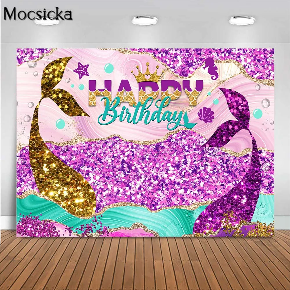 

Mocsicka Mermaid Birthday Party Background Decor Glitter Purple and Gold Mermaid Tail Scales Girl Birthday Backdrops Photography