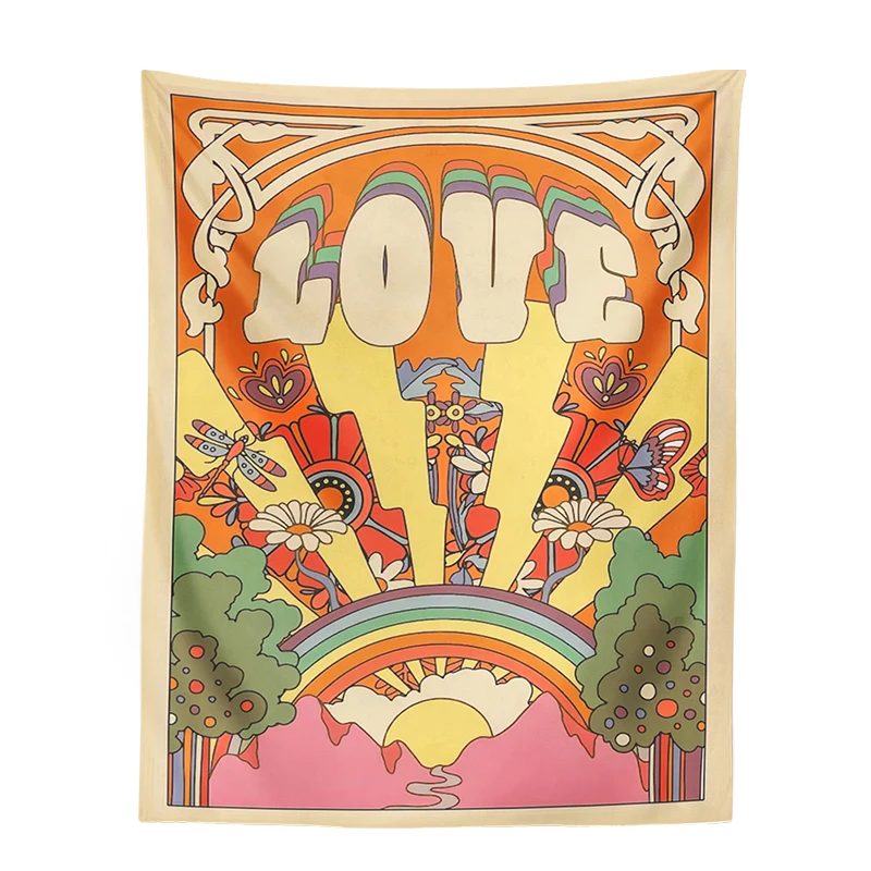 70s Retro Tapestry Vintage LOVE Sun rainbow Wall Art Printed plant flower Psychedelic Hippie Wall Living Room Bedroom Home Decor tapestry decorations