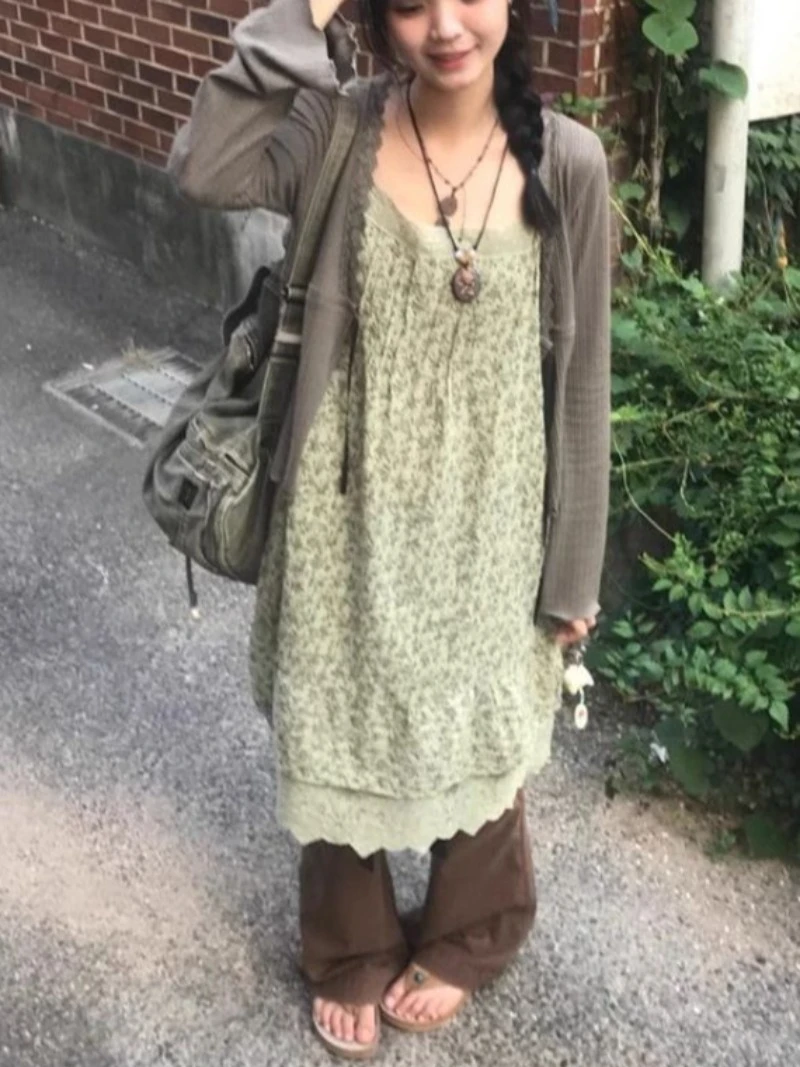 Long Floral Dresses 2025 Woman Y2K Lace Forest Fairy Core Women's Summer Sling Dress Korean Popular Casual Slip Dress Ladies