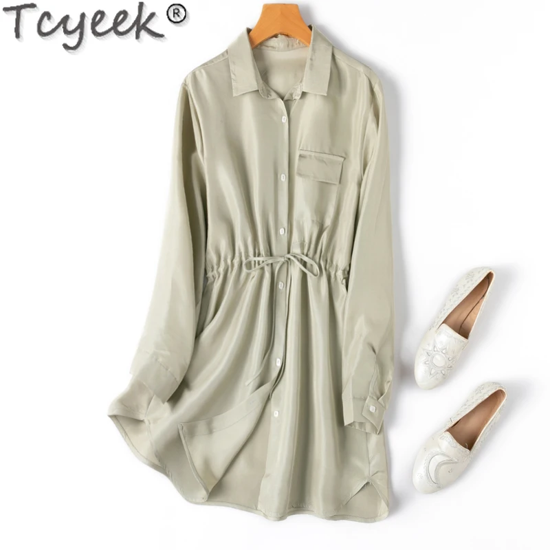 

Tcyeek 30mm 100% Real Mulberry Silk Coats Spring Summer Woman Clothes Loose Fit Trench Coat for Women Mid-length Coat Lace-up