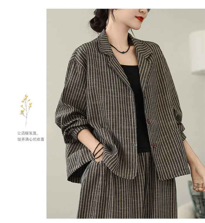 Retro Stripe Cotton And Linen Suit 2024 Women's Autumn Temperament Casual Wide Leg Harem Pants Loose Oversized 2 Piece Set K2478