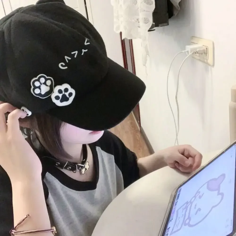 Y2K Kawaii Beret Caps for Women Girls - Cute Lolita JK Newsboy Cat Ear Hats with 2 Paw Badges Summer Casual