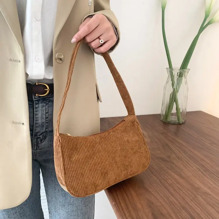 Sac Bandoulière Femme En Velours Côtelé – Grande Capacité, Couleur Verte (ou Autres), Style Décontracté