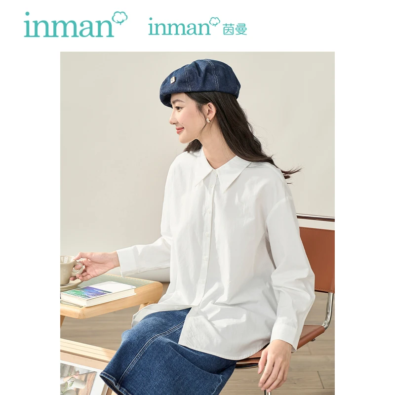 INMAN Women Shirts 2023 Autumn Long Sleeve Polo Neck Loose Blouse Back Button Placket Fashion Design White Blue Tops