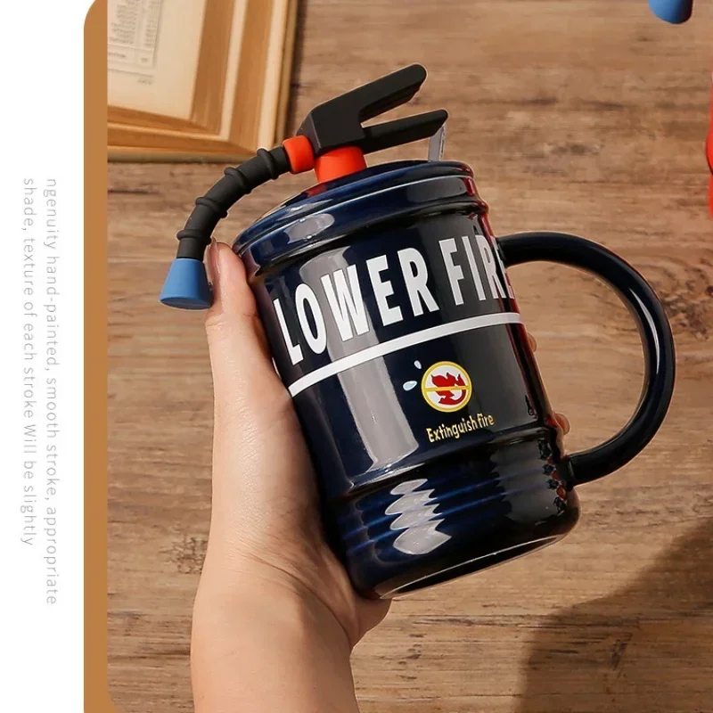 Creative Ceramic Fire Extinguisher Shape Coffee Mugs with Lid and Spoon Fun Mug Perfect Gift for Firefighters Home and Office