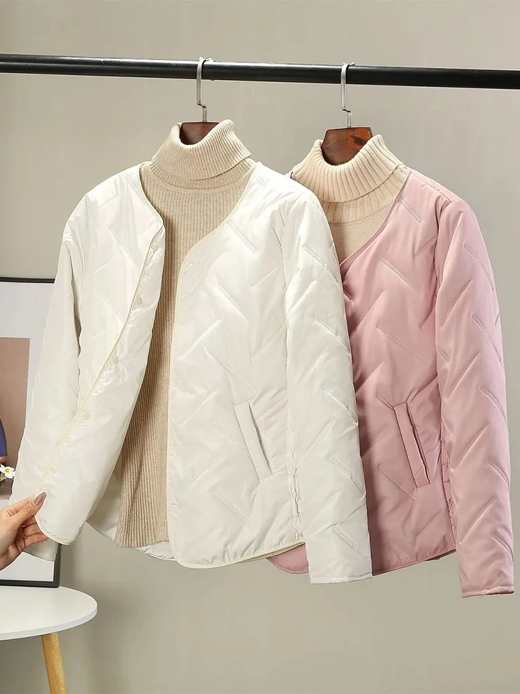 Ultra Light Chic Pink Women Warm Parkas Jackets Korean Slim V-neck Interior Lightweight Parcas Jaqueta Casual Classic Chaquetas