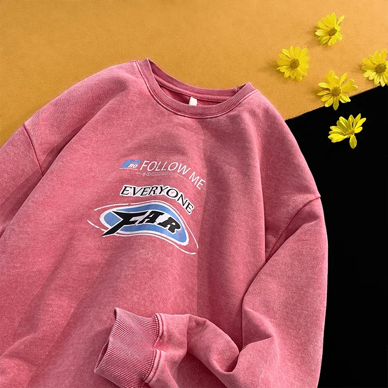 2024 Spring Retro Washed Old Sweatshirts For Men Hip-hop Graphic Printed Round Neck Tops Y2k Unisex Sweatshirt
