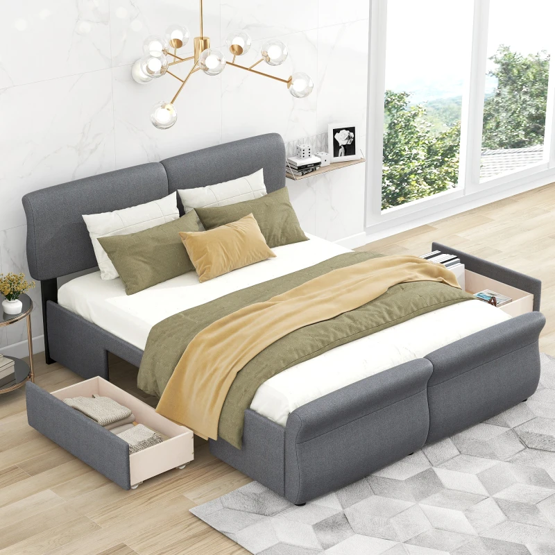 Königin Größe Polster Plattform Bett mit Zwei Schubladen, Grau| | -  AliExpress