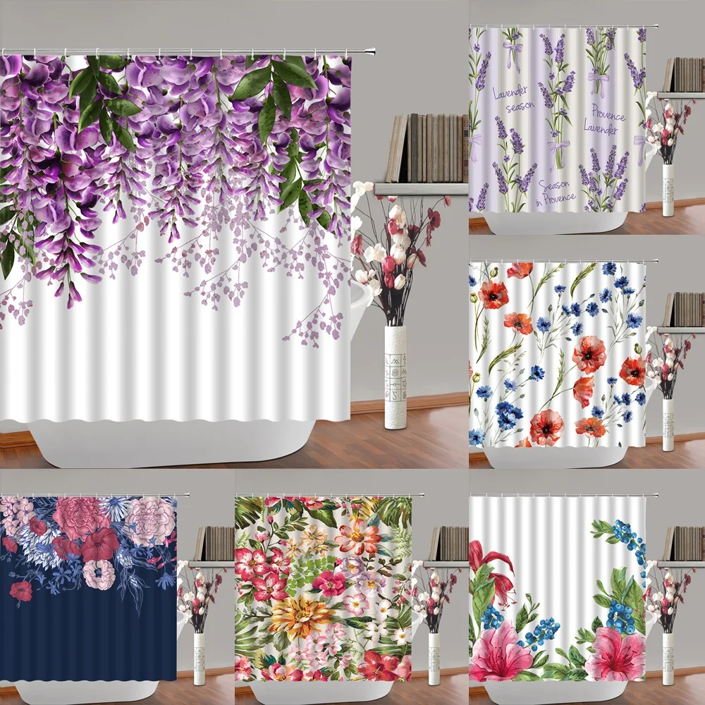 

Purple Blossom Wisteria Flower Shower Curtain Watercolor Floral Plant Leaves Bath Curtains Waterproof Fabric Bathroom Decor Home