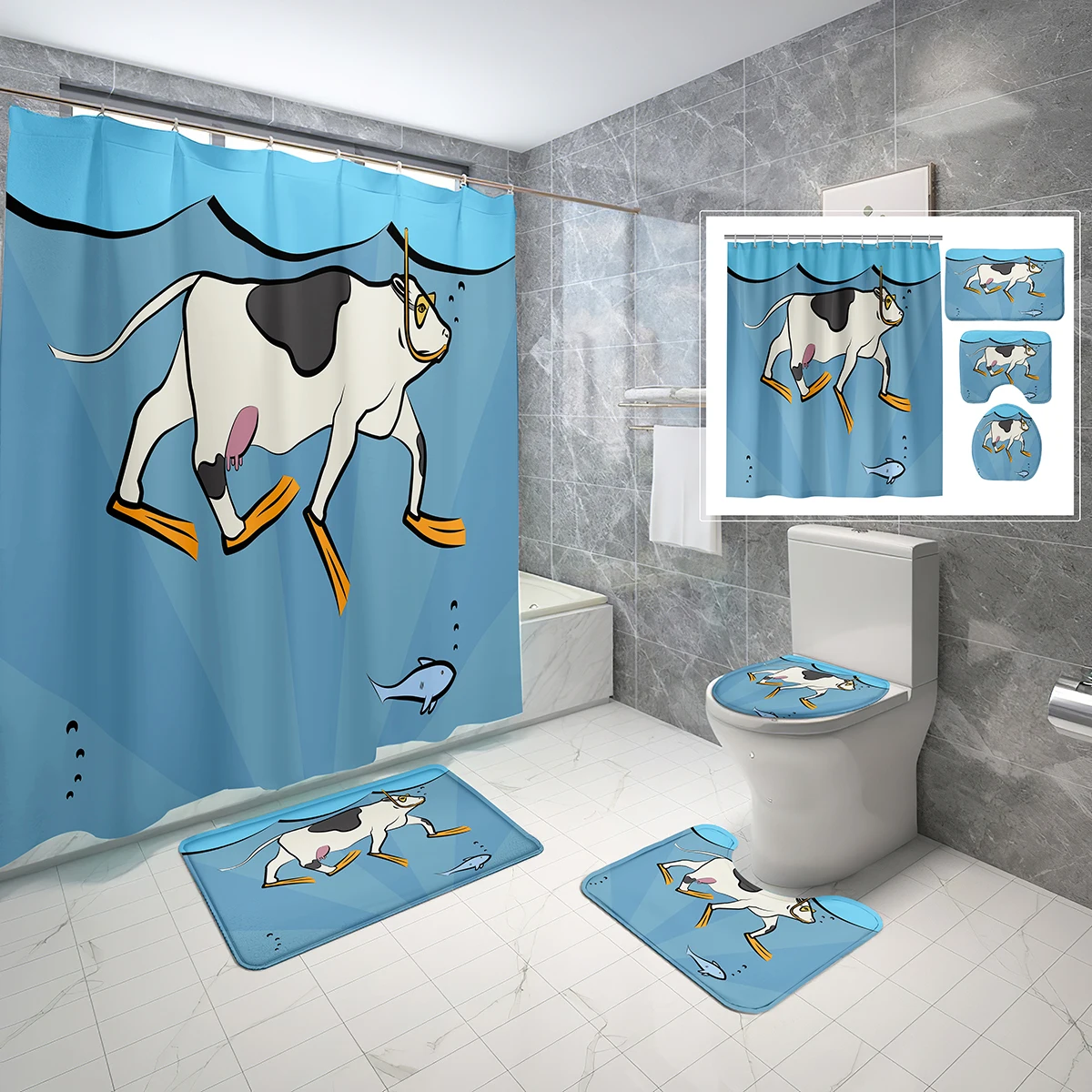 

4 Pcs Cartoon Milk Cow Shower Curtain Sets Funny Swimming Cow Non-Slip Bath Mat Toilet Cover Waterproof Shower Curtain Set