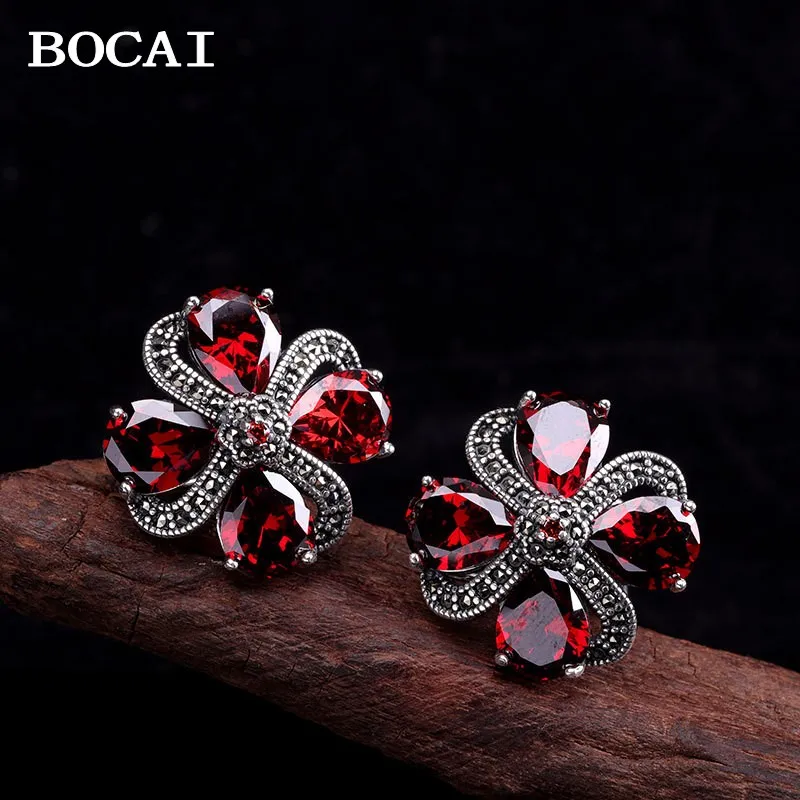 

BOCAI Новый S925 Серебряный винтажный Модный цветочный гранат красные уши Пряжка женский подарок