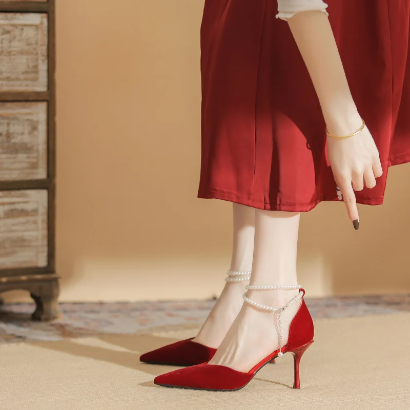 

Women's Fine Heels 2023 Spring New Style Can Wear Pointed Pearl Ribbon Bridal Shoes 4466