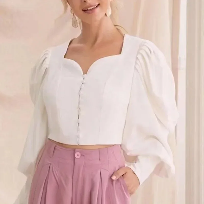 

2023 Square Neck Lantern Sleeve Blouse Vintage Elegant Women Shirts Spring Pleated Tops Casual Loose Women Clothes Blusas 29536