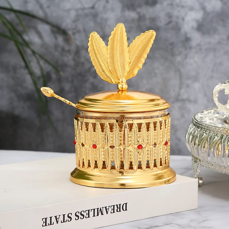 

Luxury Glass Sugar Bowl, Dry Fruit, Candy Storage Can, Food Grade, Gold Feather, Gift for Family