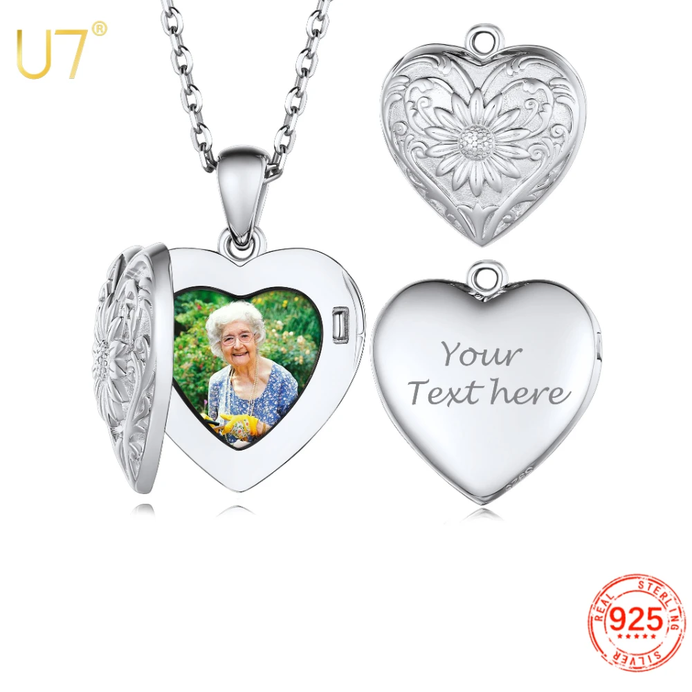 U7 925 Silver Custom Photo Locket Necklace for Women Heart Embossed Sunflower Personalized Picture Engraving Memorial Jewelry custom embossed logo jewelry packaging suits personalized box