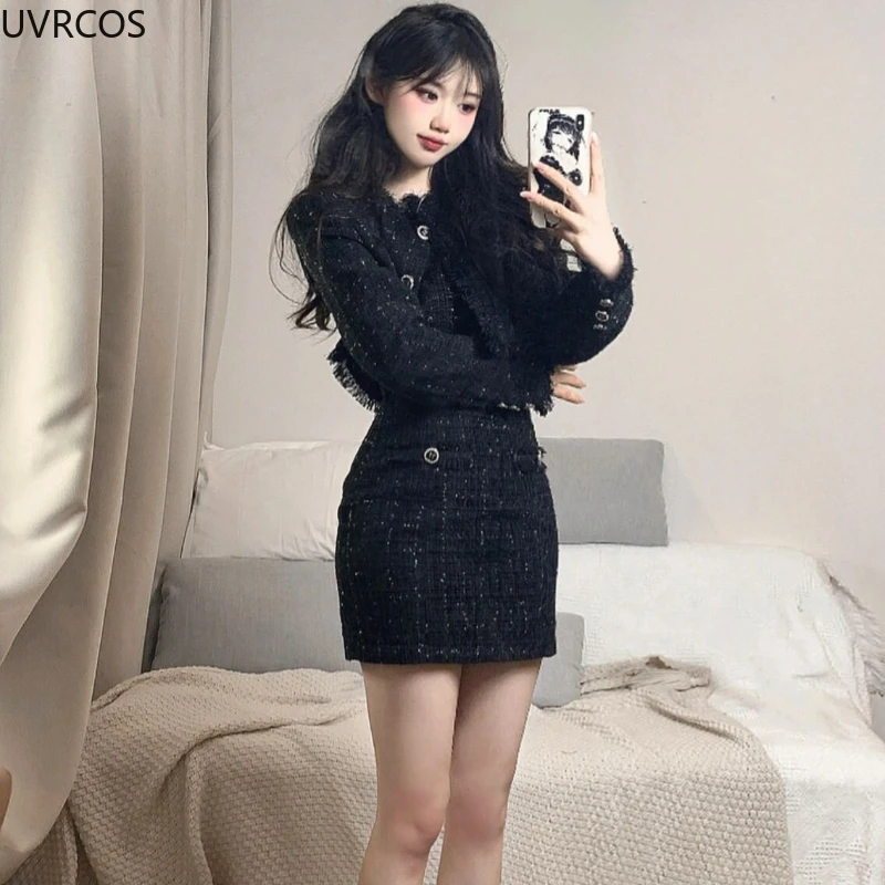Black Korean Style Retro Elegant Two Piece Set Women Fashion Tassels Short Jackets Casual Strap Party Mini Dress Female Y2k Suit 4