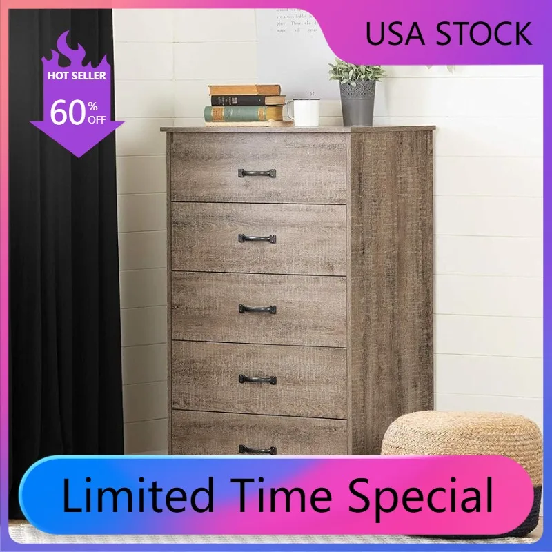 

Home Kitchen South Shore Tassio 5-Drawer Chest Weathered Oak