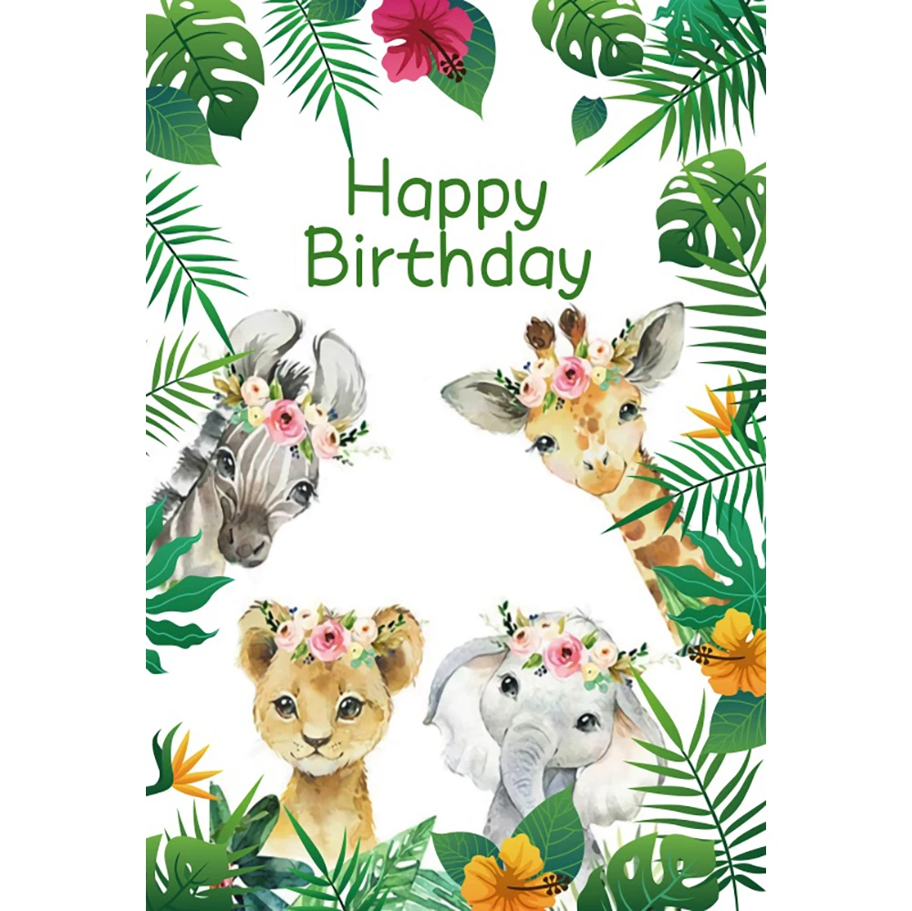 

Laeacco Safari Animals Birthday Backdrop Jungle Theme Cute Wildlife Baby Shower Kids Portrait Customized Photography Background