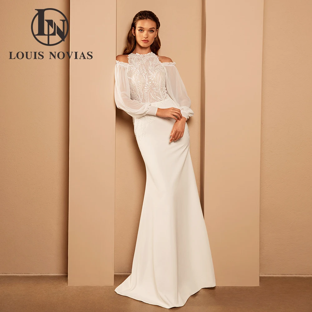 

LOUIS NOVIAS Mermaid Wedding Dresses For Women Illusion Satin Puff Sleeve Bridal Gown Appliques Bride Dress Vestidos De Novia