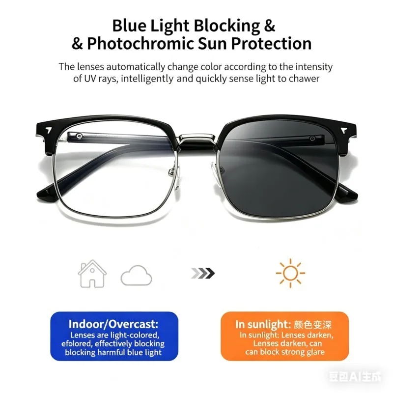 Photochromic Square Half Frame Anti-Blue Light Fashion Eyewear