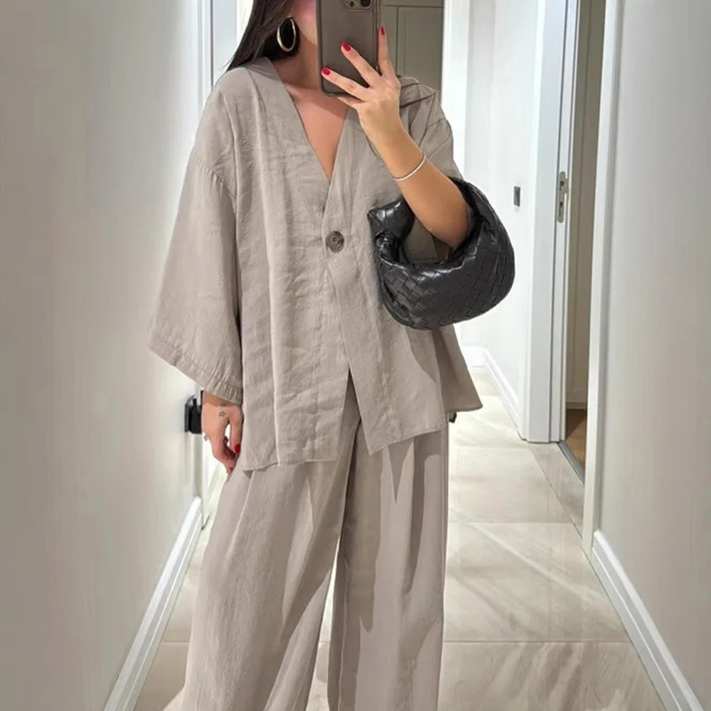Casual Women V Neck Long Sleeve Blouse and Wide Leg Pant Suits