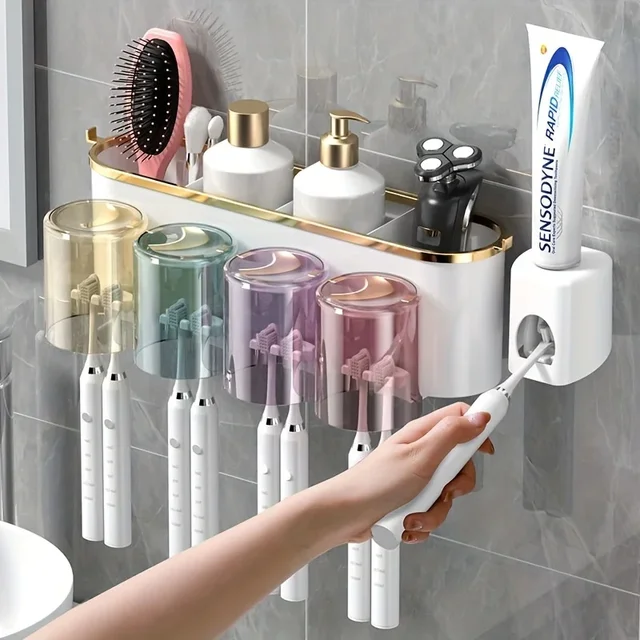 Toothbrush Holder With Squeezer Perforation-free Bathroom Shelf Mouthwash Cup Toothbrush Holder 2