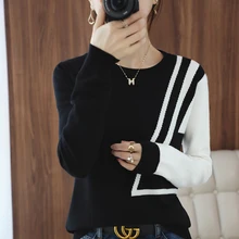 

Spring And Autumn New Women's Casual Stitching Round Neck Pullover Knitted Long-Sleeve Blouse Korean Fashion Knitwear