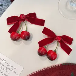 Red Velvet Cherry Hairpin Sweet Side Clip Cloth Velvet Bow Hair Clip Bowknot Korean Style Headwear