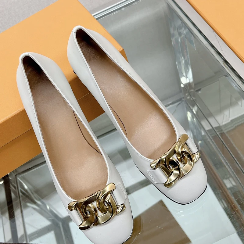 

2024 New Trending Round Toe Leather Shallow Single Shoes For Women Vintage Metal Button Low High Heels Slip On Casual Shoes